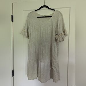 Elegant Cream & Grey Ruffle Sleeve Dress